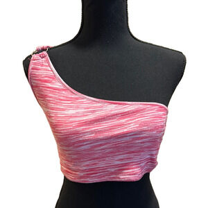 STREETWEAR SOCIETY PINK WHITE ONE SHOULDER CROPPED TOP WITH SILVER RING DETAIL